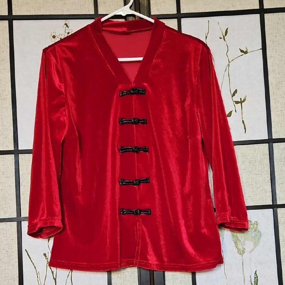 Source Unknown Red Boxy 3/4 Sleeve Mandarin Collar Top